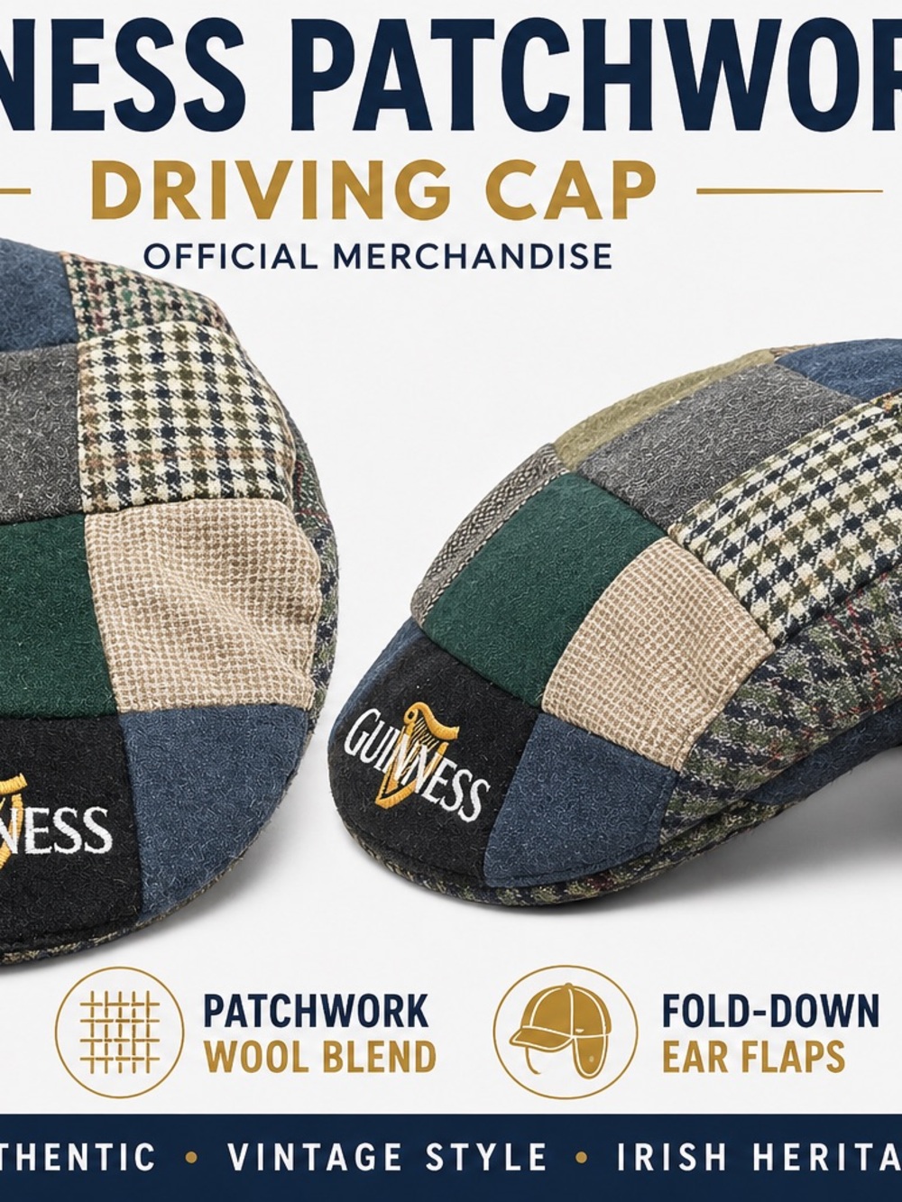 Guinness Patchwork Wool Blend Driving Cap in Green, Navy, Black, Tan